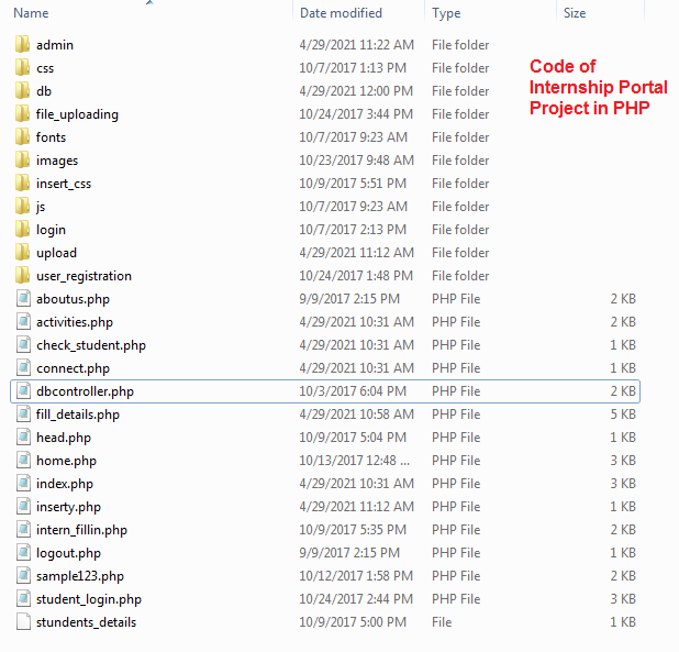 Code of Internship Portal Project in PHP
